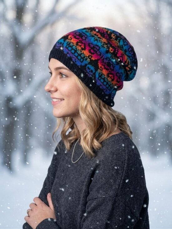 Hand Crafted Accessories - Hand Crafted Hand Knit Sugar Skull 💀 Slouchy Beanie Hat - Rainbow Colors